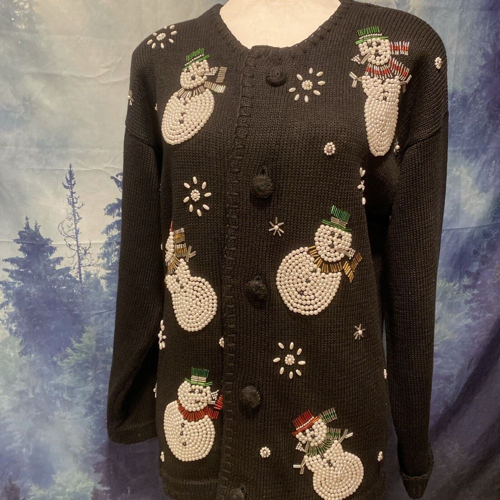 Vintage 1990s Victoria Jones Pearl Beaded Snowman Christmas‎ Teacher Cardigan S